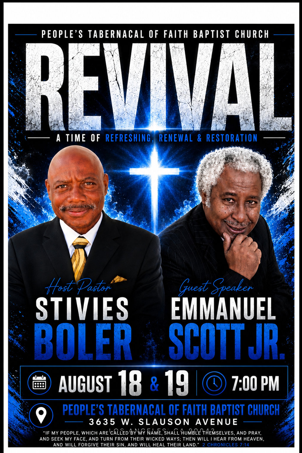 Revival flyer — August 18 and 19 at 7:00 PM with Host Pastor Stivies Boler and Guest Speaker Emmanuel Scott Jr.